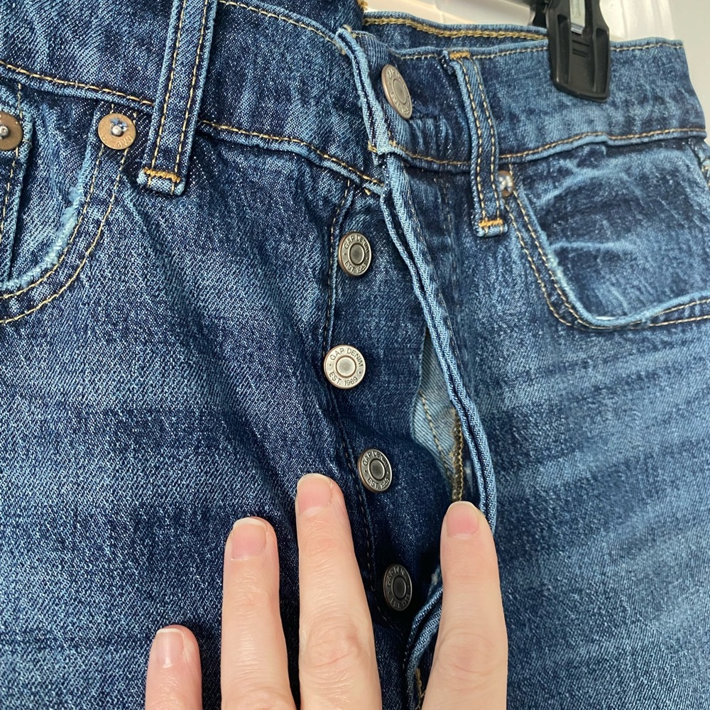 GAP Cheeky Straight High Rise Medium Wash Button-Fly Denim Distressed Jean 2/26” - Picture 7 of 13